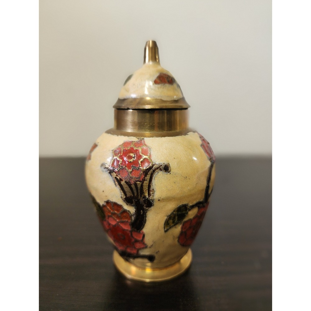 Vintage Brass Enamel Floral Urn Ginger Jar Small Hand Painted Made in India 5in